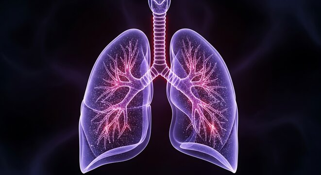 3D glowing human lungs with trachea on dark background