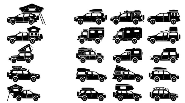 Collection of off road vehicle vector icons for camping travel