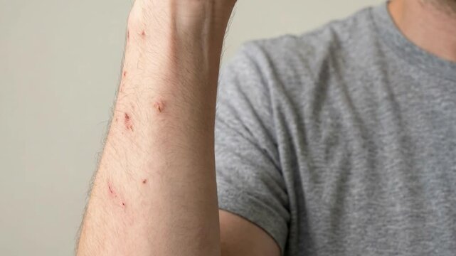 Close up photo of red scratches and minor skin irritations on a male forearm, highlighting dermatological issues, allergic reactions, or physical injury on a neutral background.