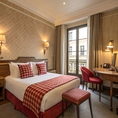 Fototapeta premium A beautifully designed hotel room featuring a cozy red bed, warm lighting, and elegant decoration Perfect for relaxation and high end travel experiences, side table for study, large window.