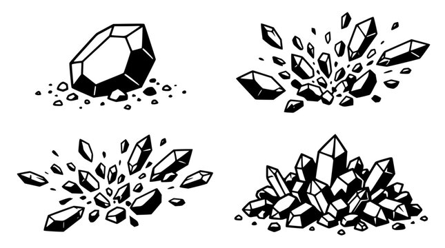 Set of black and white vector crystal gem illustrations