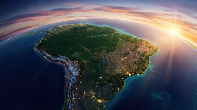 Aerial View of South America at Sunrise with Glowing City Lights