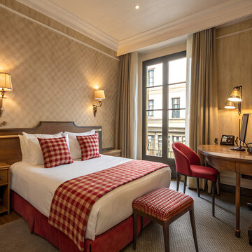A beautifully designed hotel room featuring a cozy red bed, warm lighting, and elegant decoration Perfect for relaxation and high end travel experiences, side table for study, large window.
