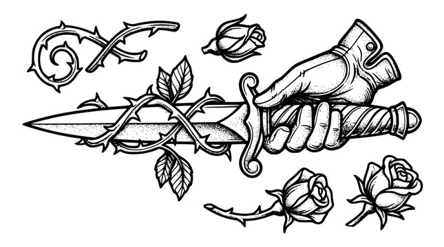 Hand holding a dagger entangled with sharp rose vines