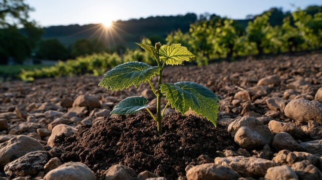 Sunlight shines over a young plant emerging from rocky soil