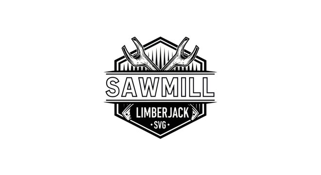 Sawmill logo with axe and lumber.