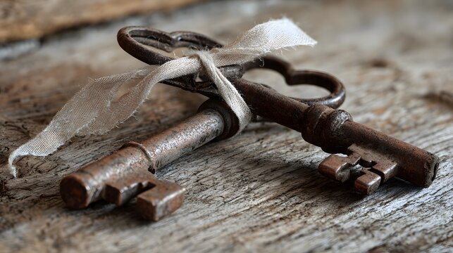 Two vintage rusty keys tied together with a rustic linen ribbon on a weathered wooden surface