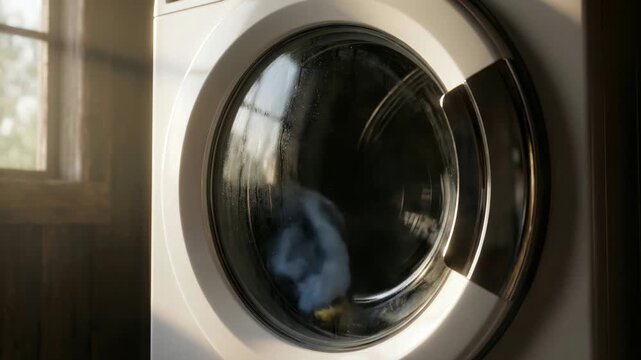 Close up footage of laundry spinning inside a modern front-loading washing machine with soapy water and bubbles in a rustic laundry room with dramatic sunlight through a window.