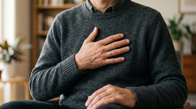 Mature man placing hand on chest expressing sincerity or emotional relief