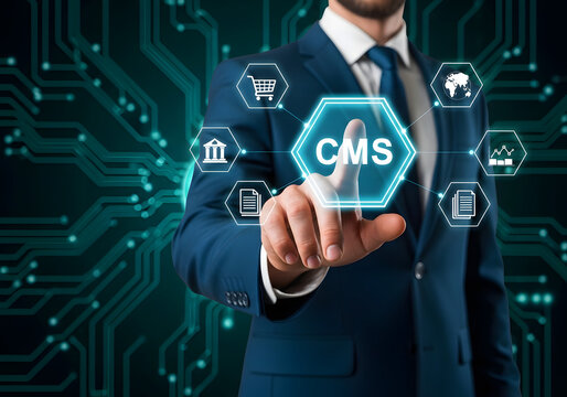 Businessman hand touching cms button on virtual interface screen for web site management.