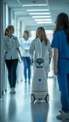 A compact robotics assistant glides through a hospital hallway, helping doctors and nurses manage patient care efficiently © EwaStudio