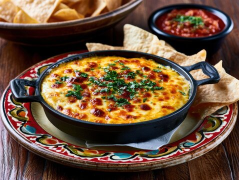 close up cheese queso dip in Mexican Restaurant with chips