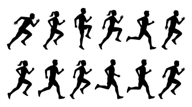 Black silhouette vector collection of people running and jogging