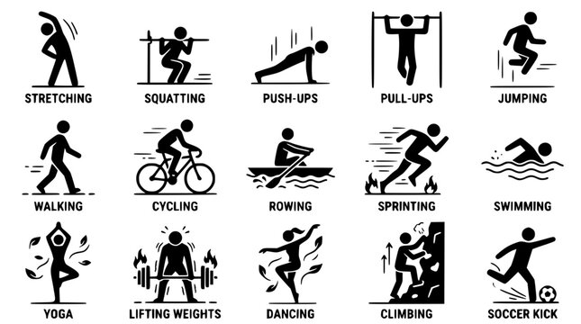 Set of black stick figure people performing various physical exercises