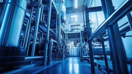 Obraz premium Industrial facility interior featuring an intricate network of stainless steel pipes, tanks, and machinery, emphasizing modern manufacturing technology and clean production environments