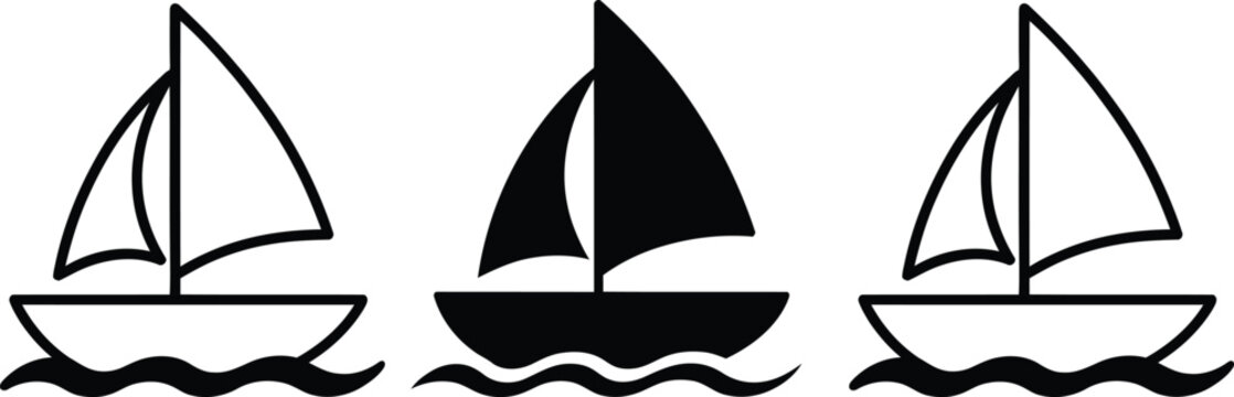 Three sailboats with different sail orientations and hull colors floating on water