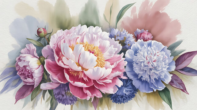 Delicate Watercolor Floral Arrangement with Pink Peonies and Blue Hydrangeas for Greeting Cards and Invitations