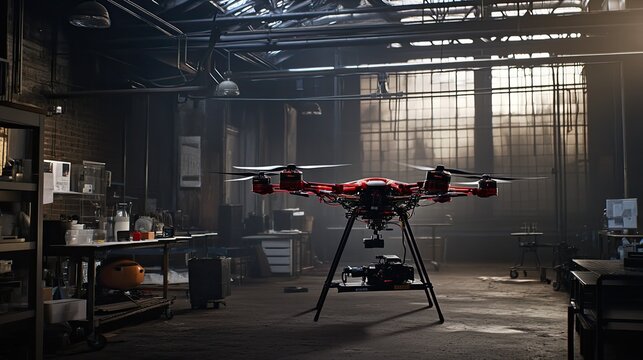 Sophisticated red drone, equipped with multiple cameras and sensors, standing ready for operation in a dimly lit industrial research and development facility