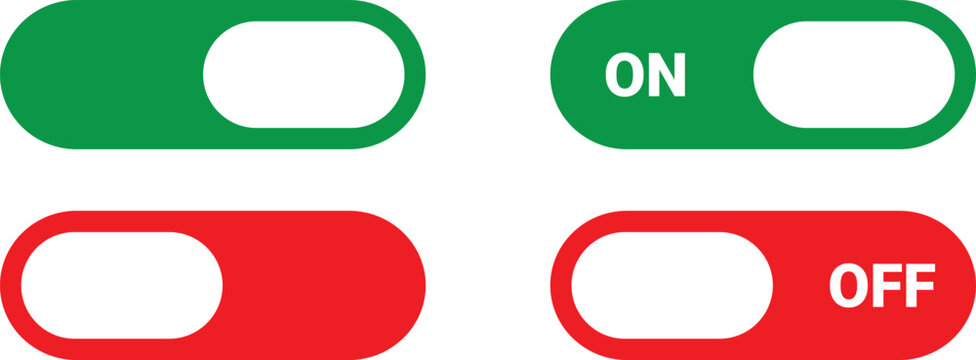 On and off switch buttons in green and red colors for user interface design  simple toggle switches for digital interfaces