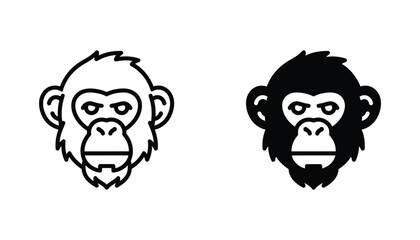 Chimpanzee primate head portrait icon set featuring stylized monkey face in clean outline and solid black silhouette variations for nature wildlife or research branding graphics isolated white © Prism