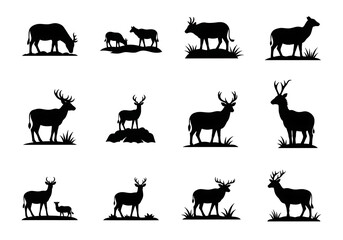 Obraz premium Deer Silhouettes Standing Grazing on Grassy Meadow