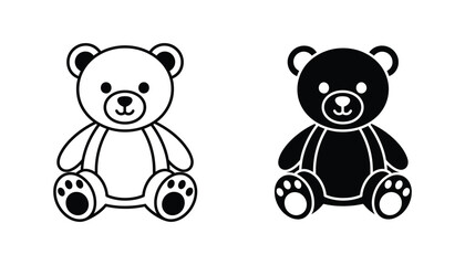 Naklejka premium Cute teddy bear toy character icon set featuring adorable stuffed animal in clean outline and solid black silhouette variations for childhood or gift shop branding graphic elements isolated white