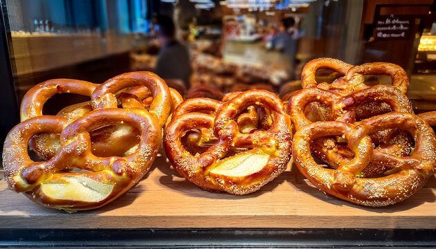 cheese pretzels displayed in a bakery window