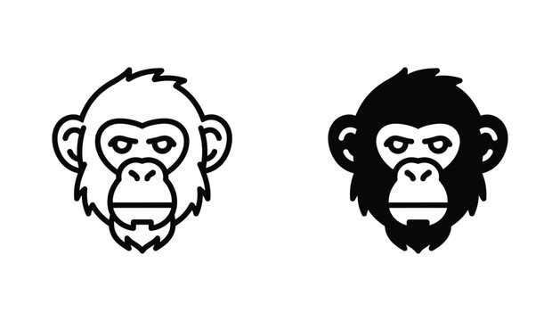 Chimpanzee primate head portrait icon set featuring stylized monkey face in clean outline and solid black silhouette variations for nature wildlife or research branding graphics isolated white