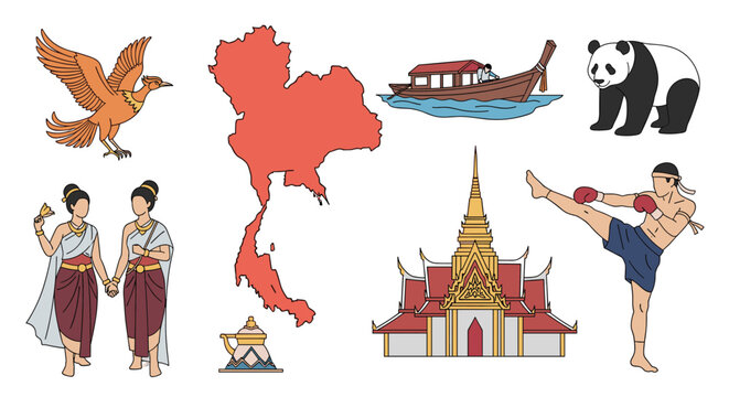 Colorful collection of Thai cultural symbols featuring the map of Thailand traditional dancers muay thai boxing a temple and a boat.