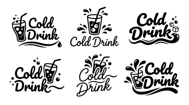 Black and white vector cold drink glass logo set