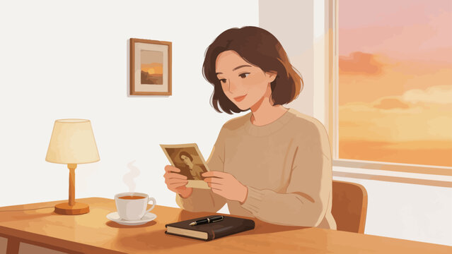 Woman reading photo at desk with cup of tea