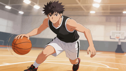Naklejka premium Basketball player dribbling on court