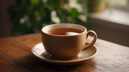 Obraz premium A warm cup of brewed beverage resting on a wooden table illuminated by soft natural light and set against blurred green foliage