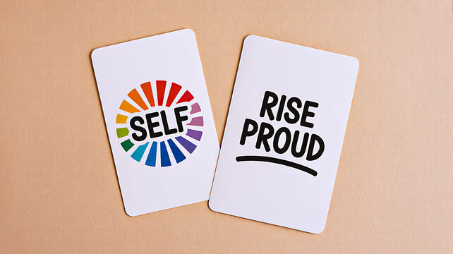 Self love and rise proud cards on pastel background motivational concept