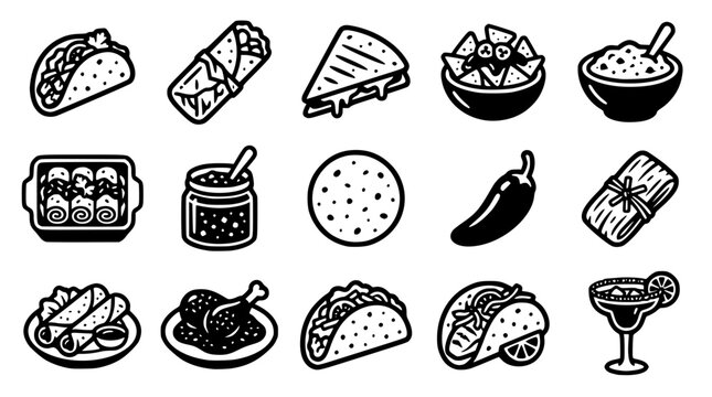Set of black and white mexican food vector icons