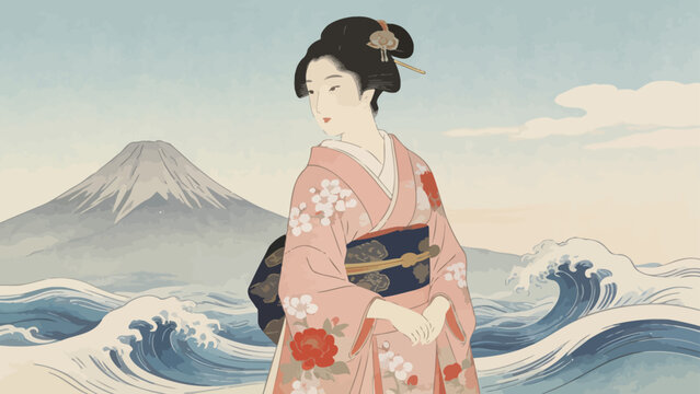Woman in traditional Japanese kimono near mountain and waves