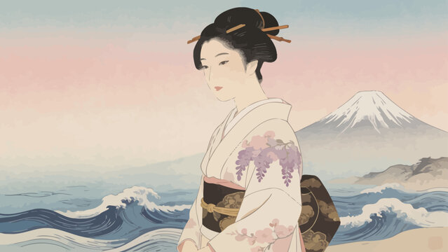 Woman in traditional Japanese attire by ocean