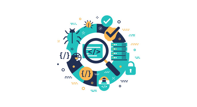 Software Testing and Quality Assurance Concept Vector Illustration. Debugging, Code Review, and Cybersecurity Vulnerability Scan Infographic.