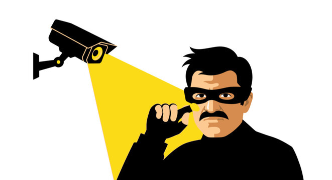 Thief in Mask Caught by Surveillance CCTV Camera Beam - Security and Crime Prevention Concept Illustration