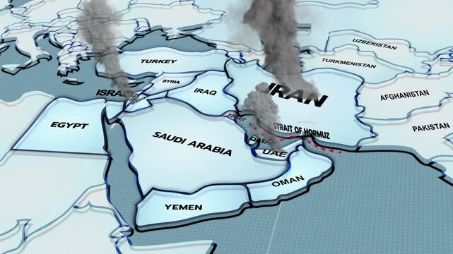 A modern 3D-style political map of the Middle East highlighting countries like Iran, Iraq, Turkey, Israel, Yemen, the United Arab Emirates, Oman, Qatar, Syria, Jordan, smoke, UAE,

