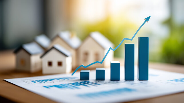 Bright upward real estate value chart showing significant increase in property prices and steady housing market growth, rental yields and capital appreciation metrics with organize