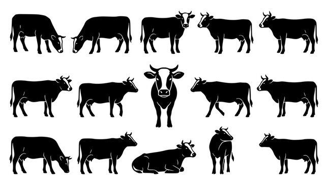 Set of black cow silhouettes in various poses and positions