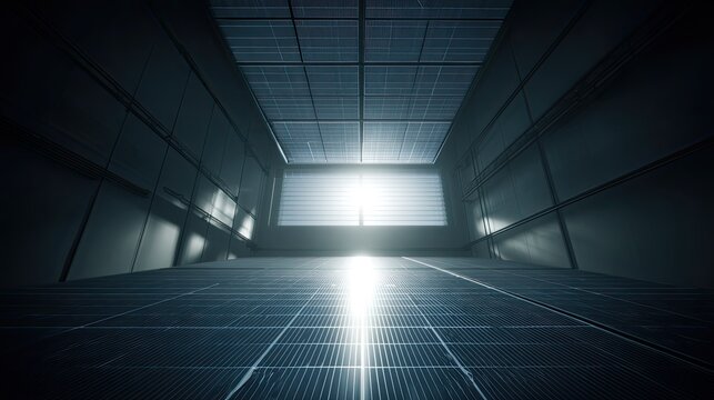 Industrial room featuring advanced solar panel grids on the floor and ceiling, capturing bright light from a central window opening towards an innovative energy future