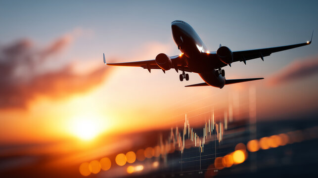 Silhouette of commercial airplane soaring at bright vibrant sunset with aviation industry financial charts overlay, air travel market data visualization with airline sector perform