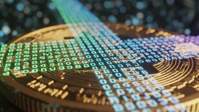 Close-up of a Cryptocurrency coin with colorful code streaming across it