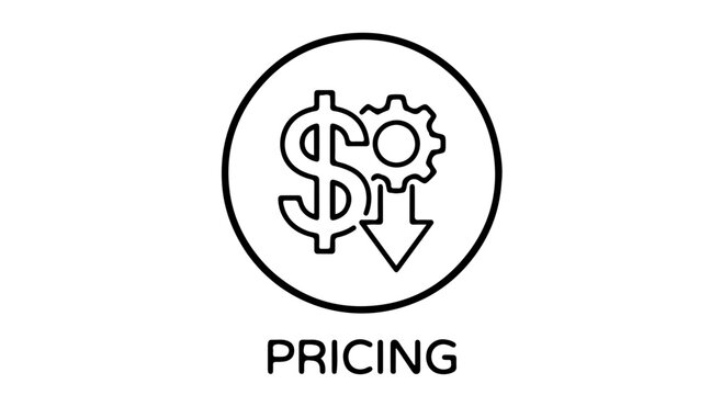 Pricing strategy and cost reduction icon with dollar sign, gear, and downward arrow in a circle.