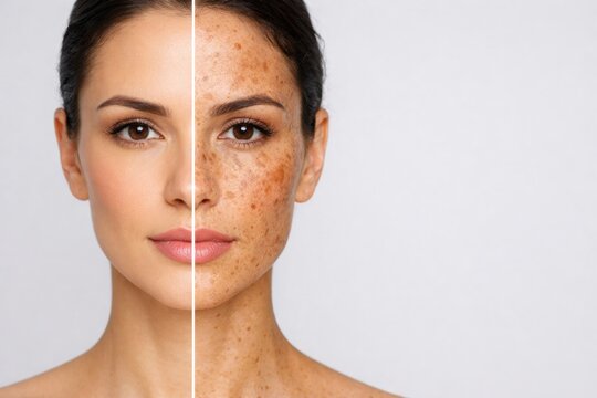 A woman's face split in half showing clear, smooth skin on one side and skin with sun damage, freckles, and pigmentation on the other side.