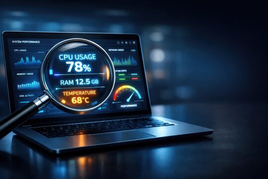 A laptop screen displays system performance metrics like CPU usage at 78%, RAM at 12.5 GB, and temperature at 68C, with a magnifying glass emphasizing the data.