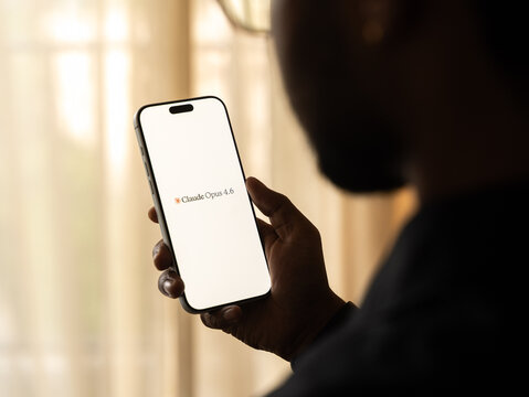 Claude opus logo is displayed on the screen of a smartphone, in Bangalore, India, on May 11, 2026