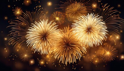 Fototapeta premium a large fireworks display with blooming fireworks in the sky bursting into four small sparks exploding in golden and white colors against a fireworks background